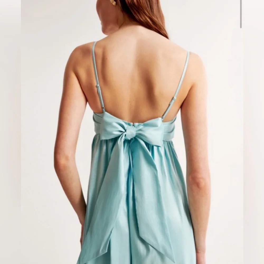 A&F Drama Bow-Back Taffeta Maxi Dress Light Blue Summer Wedding Modern Romantic